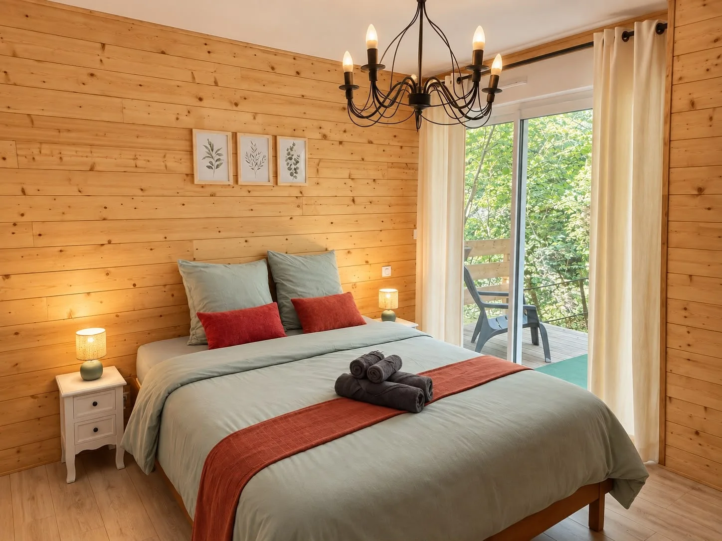 Chambre verte en boiseries, lit double et baie vitrée ouverte sur le balcon