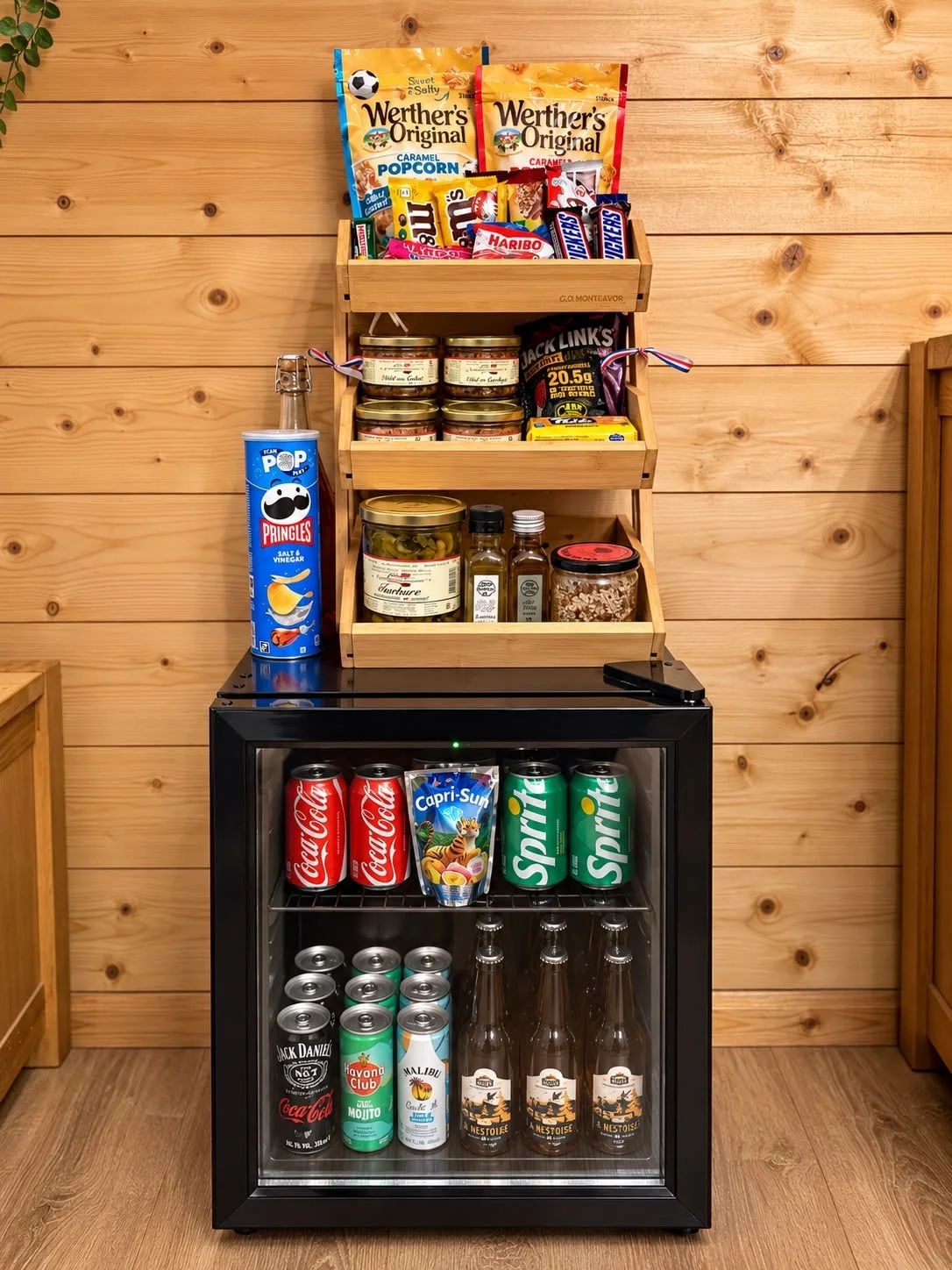 Minibar vitré avec boissons et étagère de produits et gourmandises