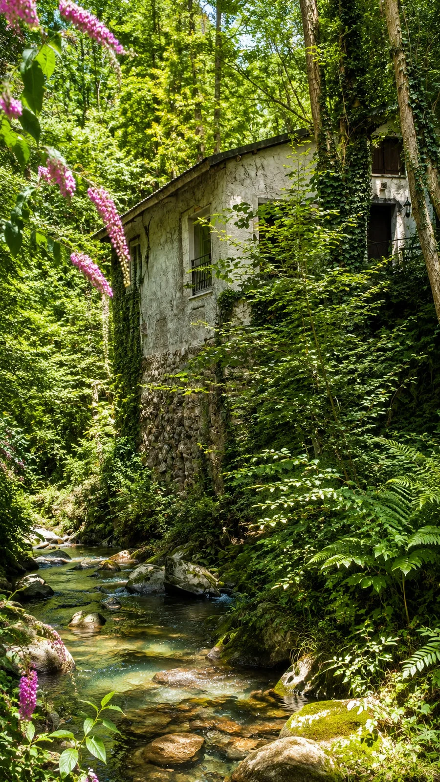 Façade du Moulin au bord de la rivière, entourée par la forêt