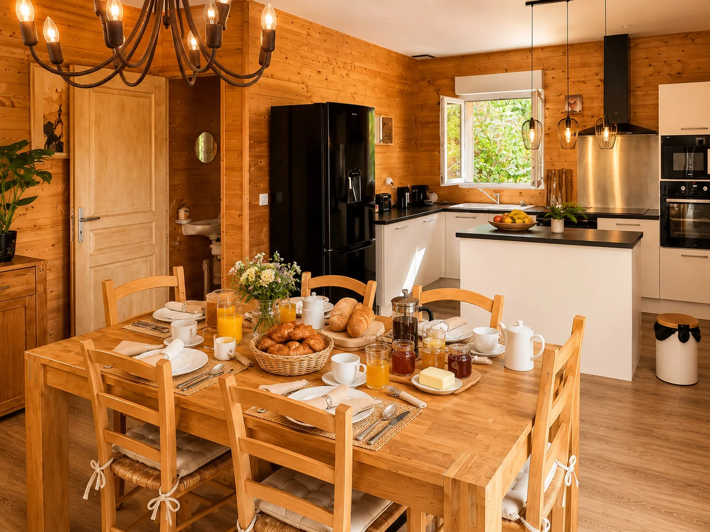 Table dressée pour un petit-déjeuner dans la pièce de vie